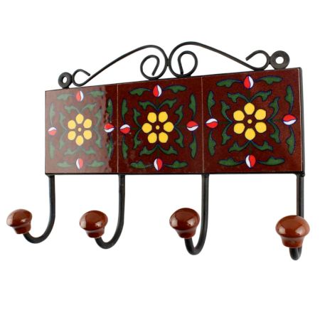 Tiny Flower Ceramic Tile Hook With Dark Brown